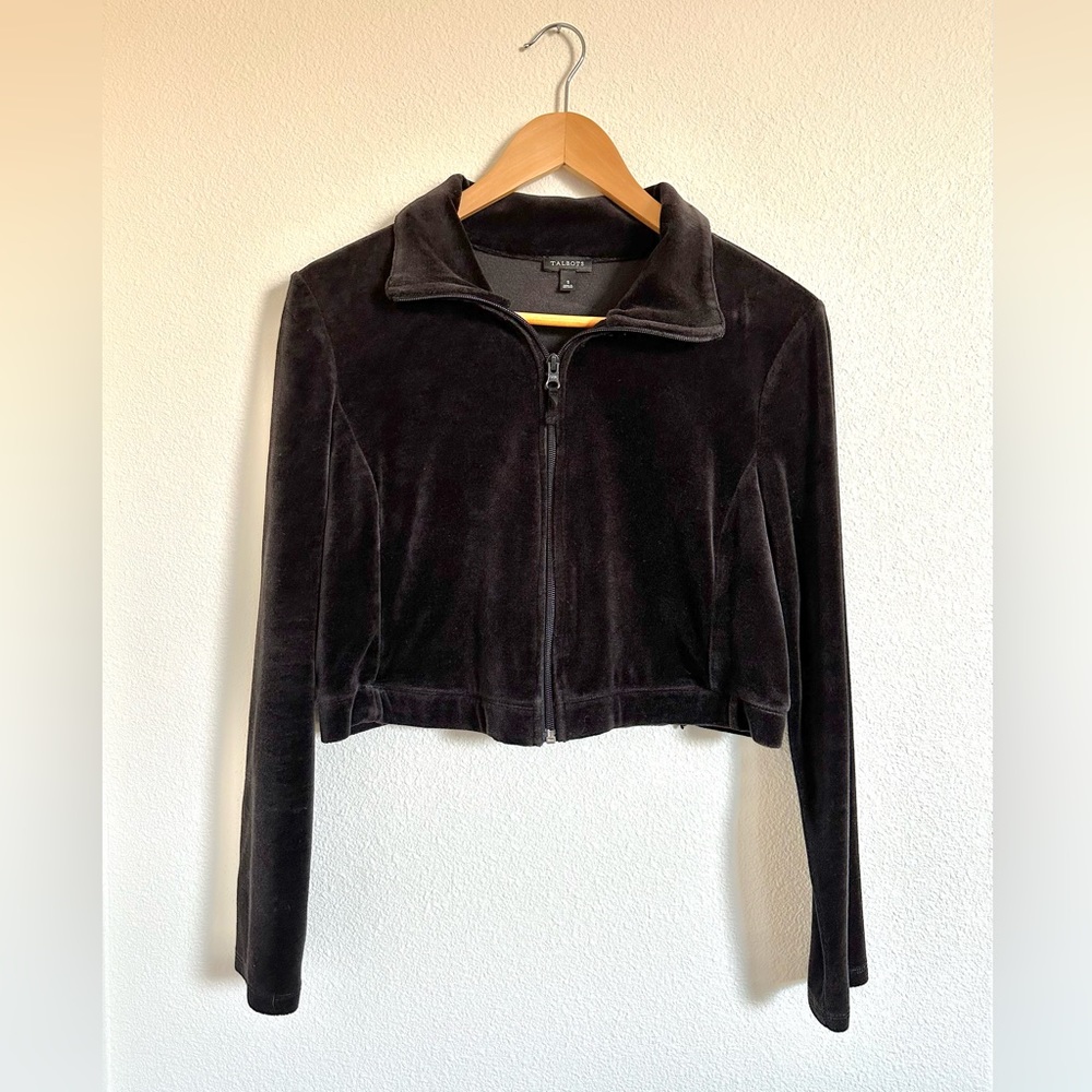 Talbots Black Velvet Collared Crop Zip Up Sweatshirt Size Small